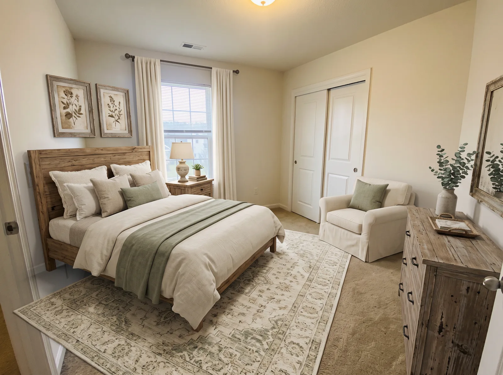 farmhouse virtual staging of an AI-generated bedroom